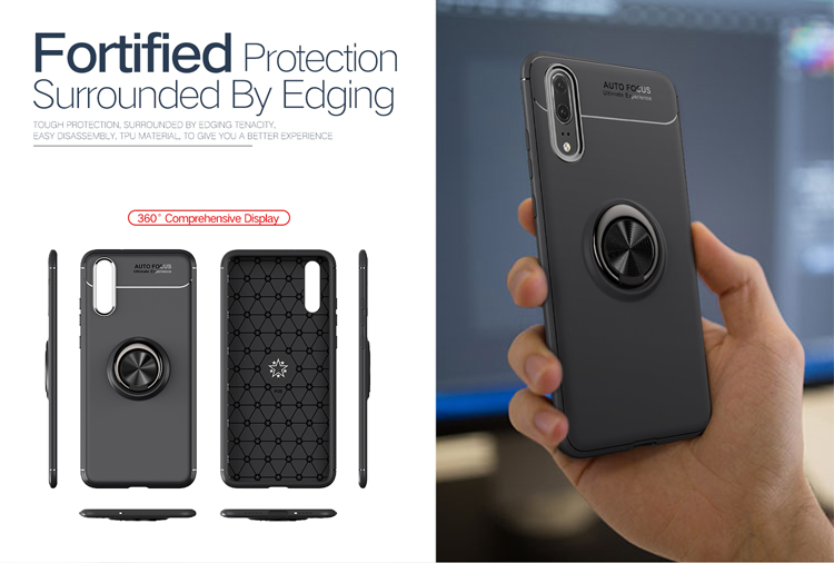 Per Huawei P20 Pro TPU Copertura Del Telefono Ring Kickstand Case di Protezione Dell'assorbimento di Shock, Lamiera in Metallo Magnetico Incorporato - Nero