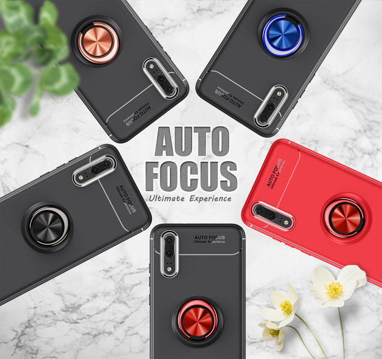 Per Huawei P20 Pro TPU Copertura Del Telefono Ring Kickstand Case di Protezione Dell'assorbimento di Shock, Lamiera in Metallo Magnetico Incorporato - Nero