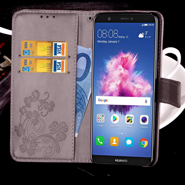 Imprint Clover Pattern Leather Wallet Stand Cover for Huawei P Smart/Enjoy 7S - Grey-21