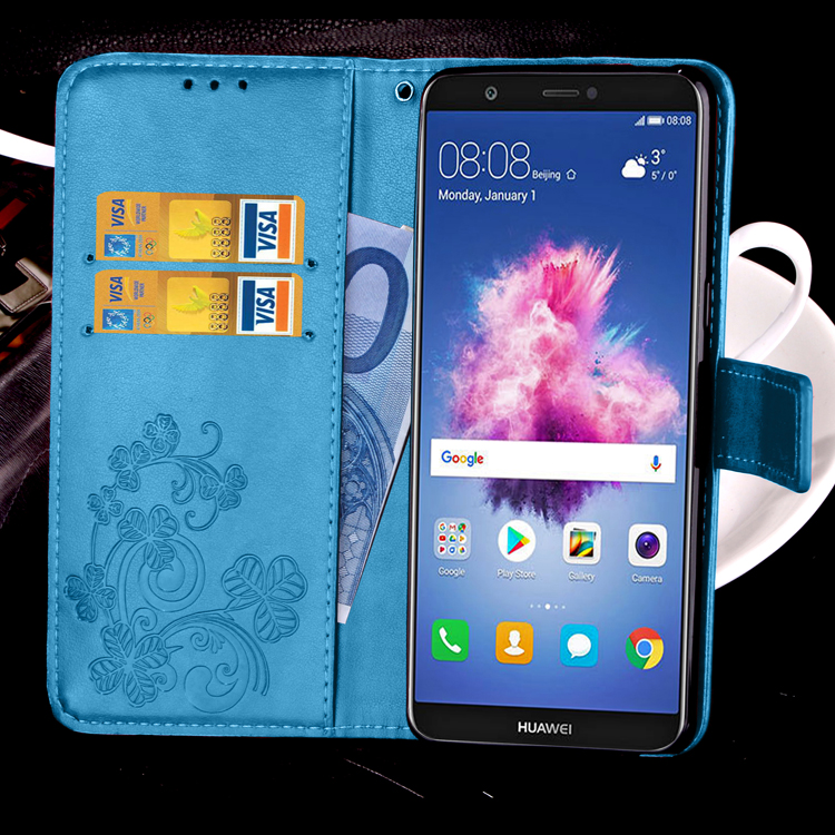 Imprint Clover Pattern Leather Wallet Stand Casing for Huawei P Smart/Enjoy 7S - Blue-25
