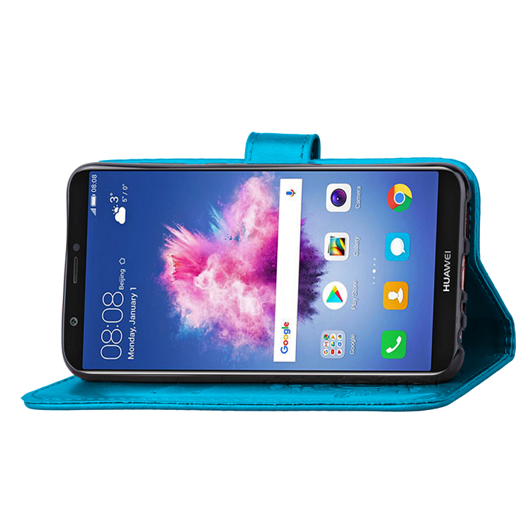 Imprint Clover Pattern Leather Wallet Stand Casing for Huawei P Smart/Enjoy 7S - Blue-11