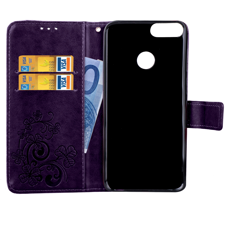 Imprint Clover Pattern Leather Wallet Stand Mobile Phone Case for Huawei P Smart/Enjoy 7S - Purple-9