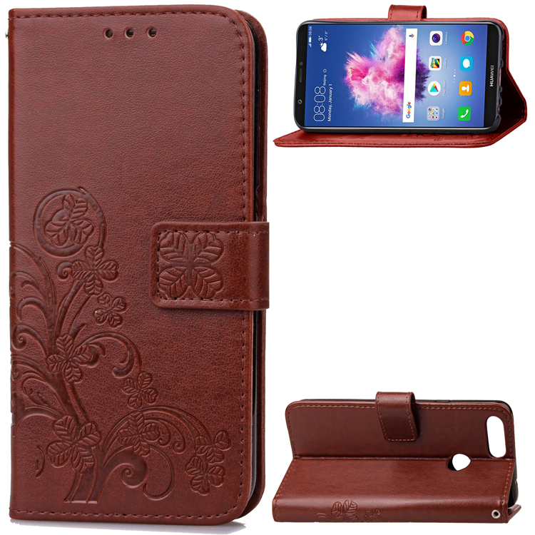 Imprint Clover Pattern Leather Wallet Stand Cell Phone Case for Huawei P Smart/Enjoy 7S - Brown-2
