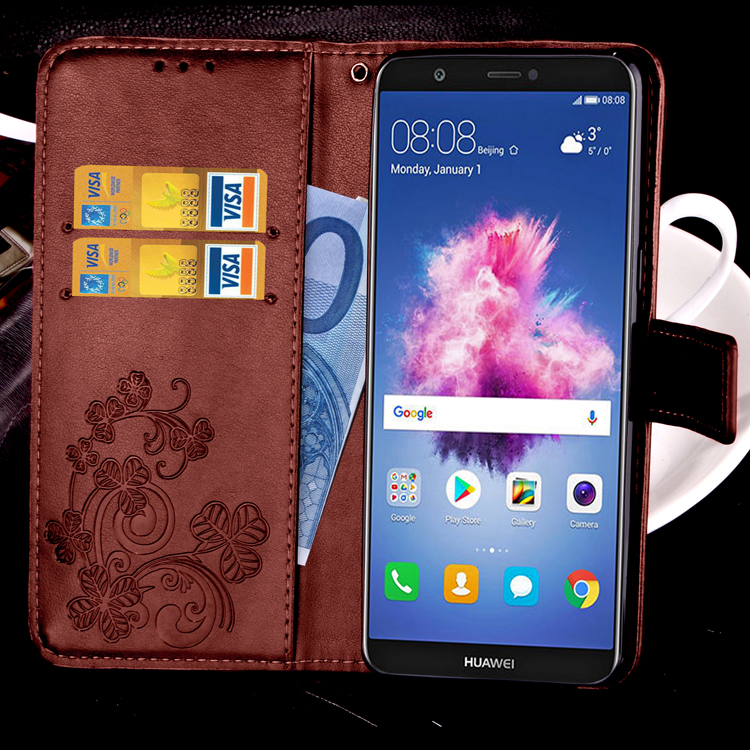Imprint Clover Pattern Leather Wallet Stand Cell Phone Case for Huawei P Smart/Enjoy 7S - Brown-21