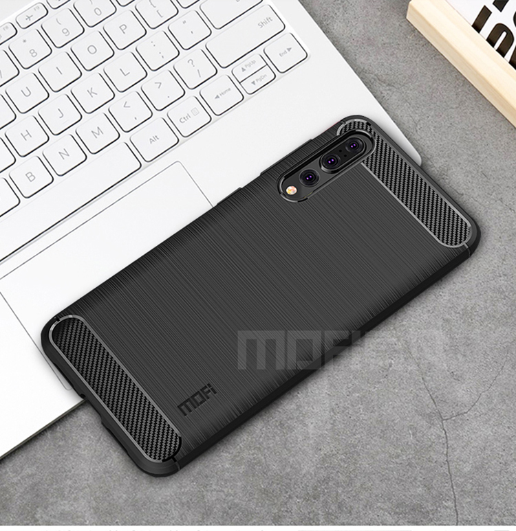 Coperchio TPU Con Texture in Fibra di Carbonio Mofi Per Huawei P20 Pro - Nero