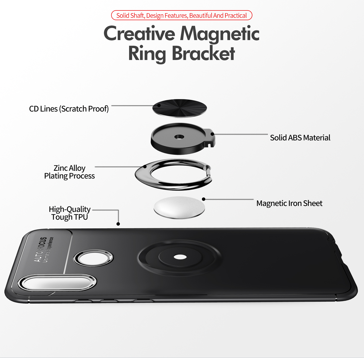 Metallfinger Ring Kickstand TPU Mobile Case Für Huawei Honor 10 Lite / P Smart (2019) - Alles Schwarz