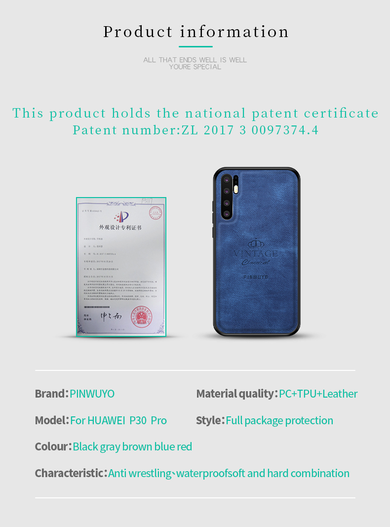 Pinwuyo Honorable Series PC + TPU + Couverture de Téléphone Mobile Hybride en Cuir Pour Huawei P30 Pro - Gris