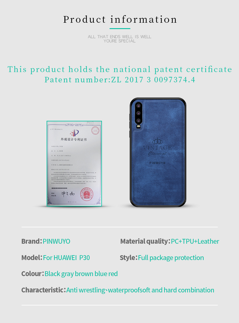 Pinwuyo Honorable Series PC + TPU + Ceth Combo Shock Per Huawei P30 - Grigio