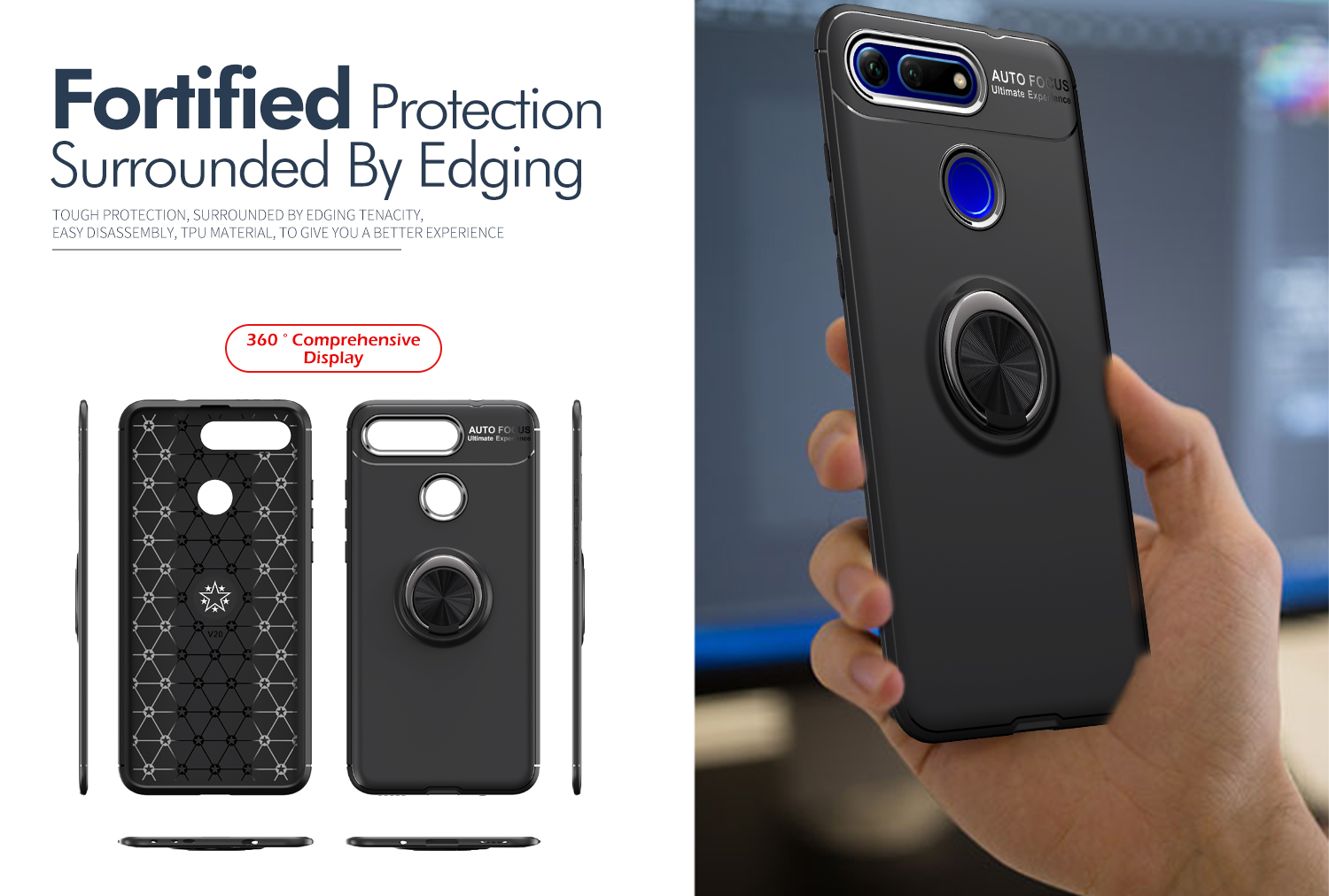 Fingerring Kickstand Tpu-schutzhülle (eingebaute Magnetmalletheet) Für Huawei Honor Ansicht 20 / V20 - Schwarz / Blau