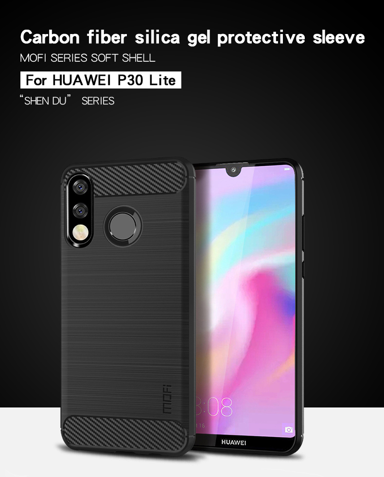 MOFI Caixa TPU Escovada de Textura de Fibra de Carbono Para Huawei P30 Lite - Preto