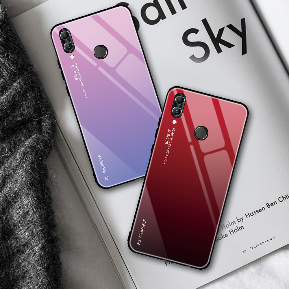 Couleur de Gradient Verre + PC + Étui Hybride TPU Pour Huawei Honor 10 Lite - Rouge