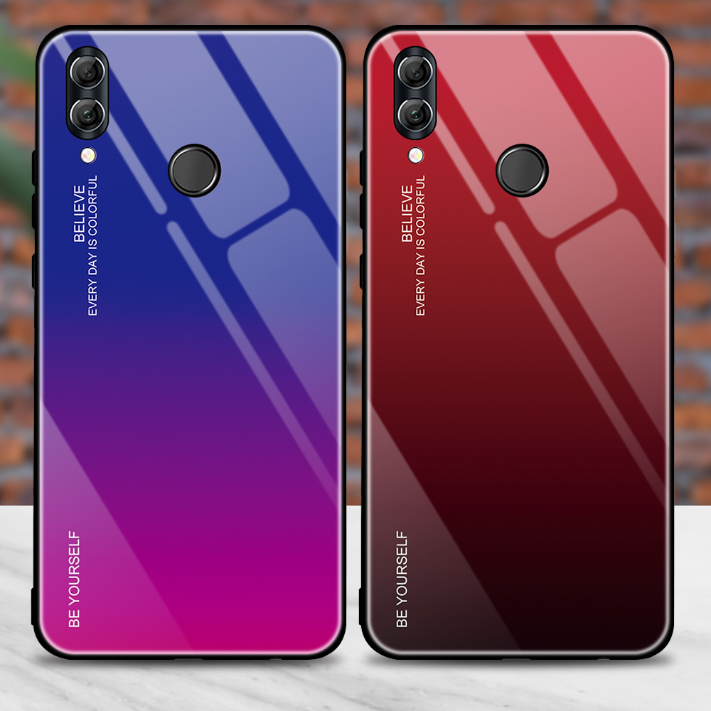 Couleur de Gradient Verre + PC + Étui Hybride TPU Pour Huawei Honor 10 Lite - Rouge