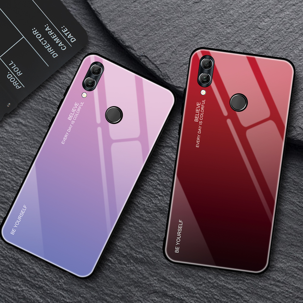 Couleur de Gradient Verre + PC + Étui Hybride TPU Pour Huawei Honor 10 Lite - Rouge