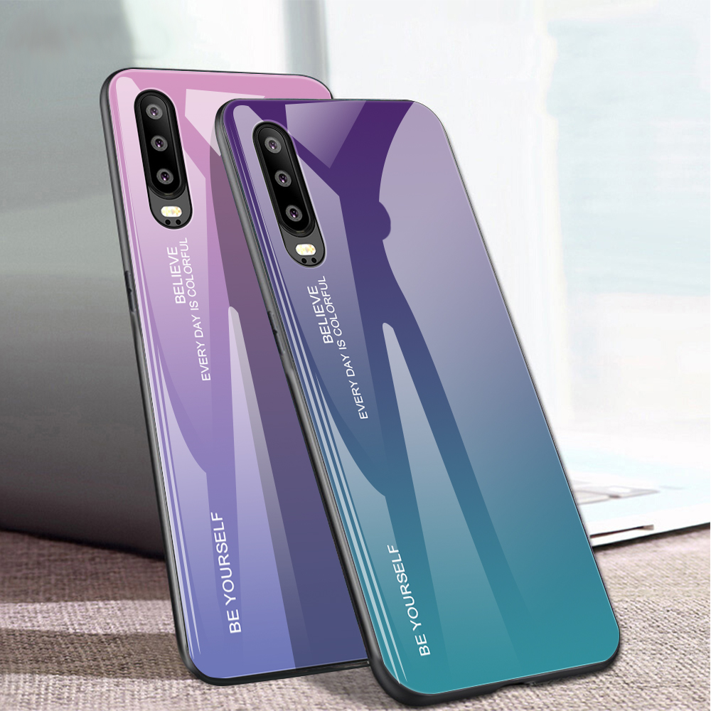 [colore Gradiente] Glass + TPU + PC Hybrid Back Case Per Huawei P30 - Rosa / Blu