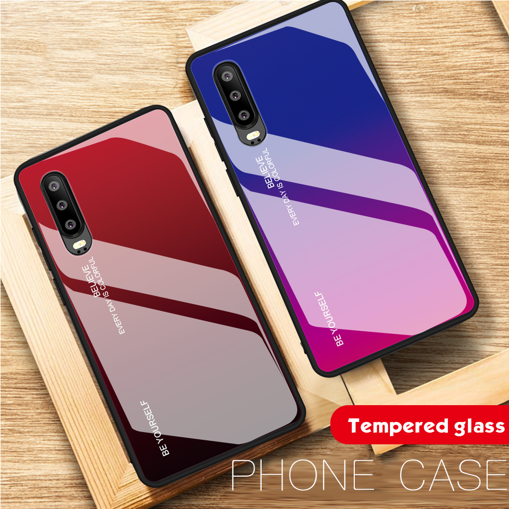 [color de Gradiente] Glass + TPU + PC Hybrid Back Case Para Huawei P30 - Rosa / Azul