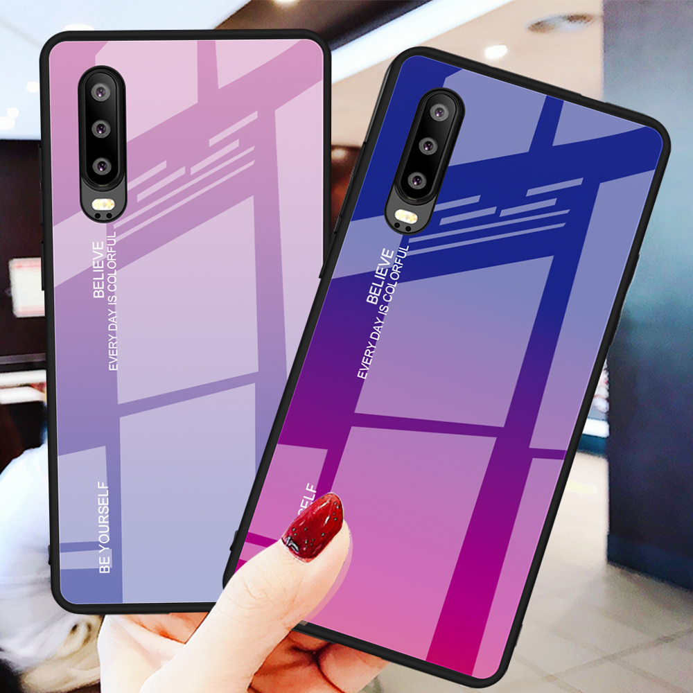 [gradientenfarbe] Glass + TPU + PC Hybrid Back Case Für Huawei P30 - Rose / Blau