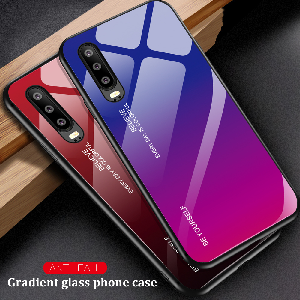 [color de Gradiente] Glass + TPU + PC Hybrid Back Case Para Huawei P30 - Rosa / Azul