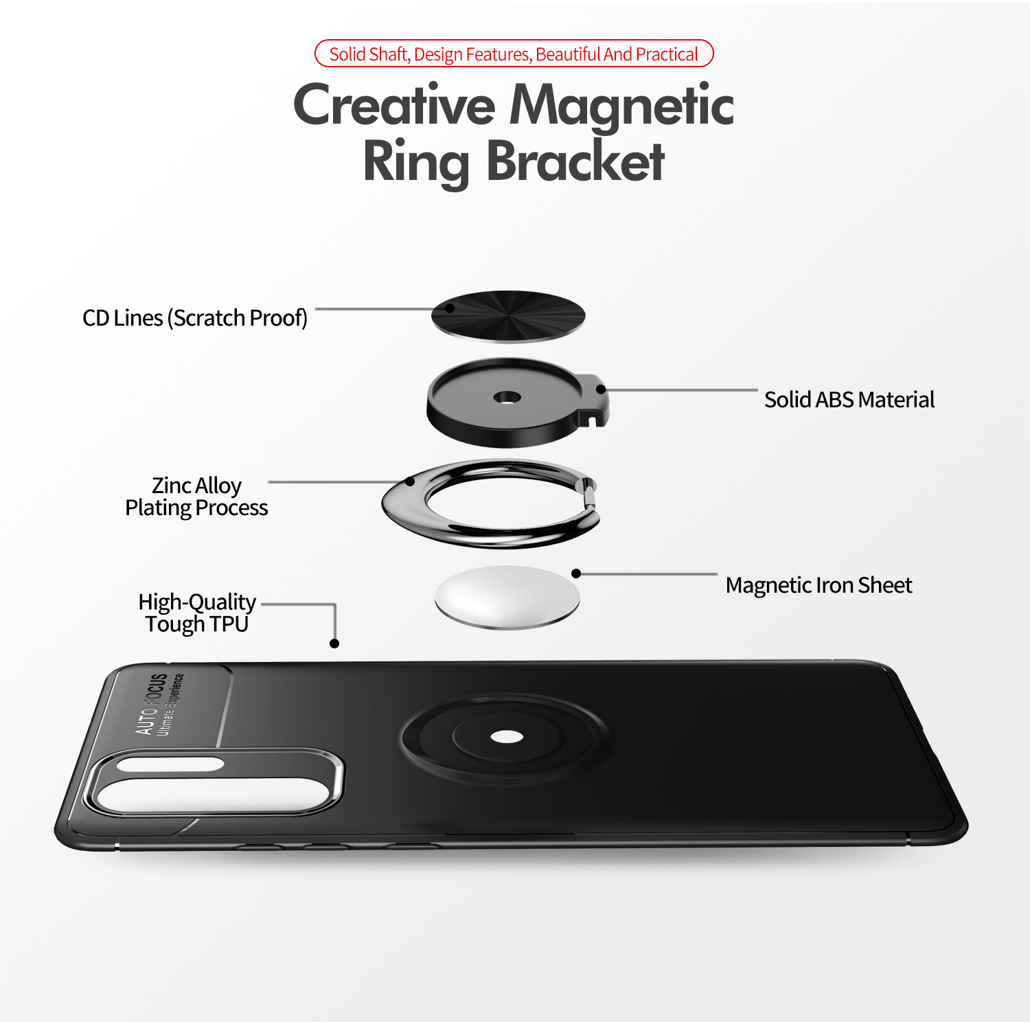 Lenuo Metal Ring Kickstand TPU Étui Pour Huawei P30 Pro Integ in Magnetic Magne Sheet - Tout Noir