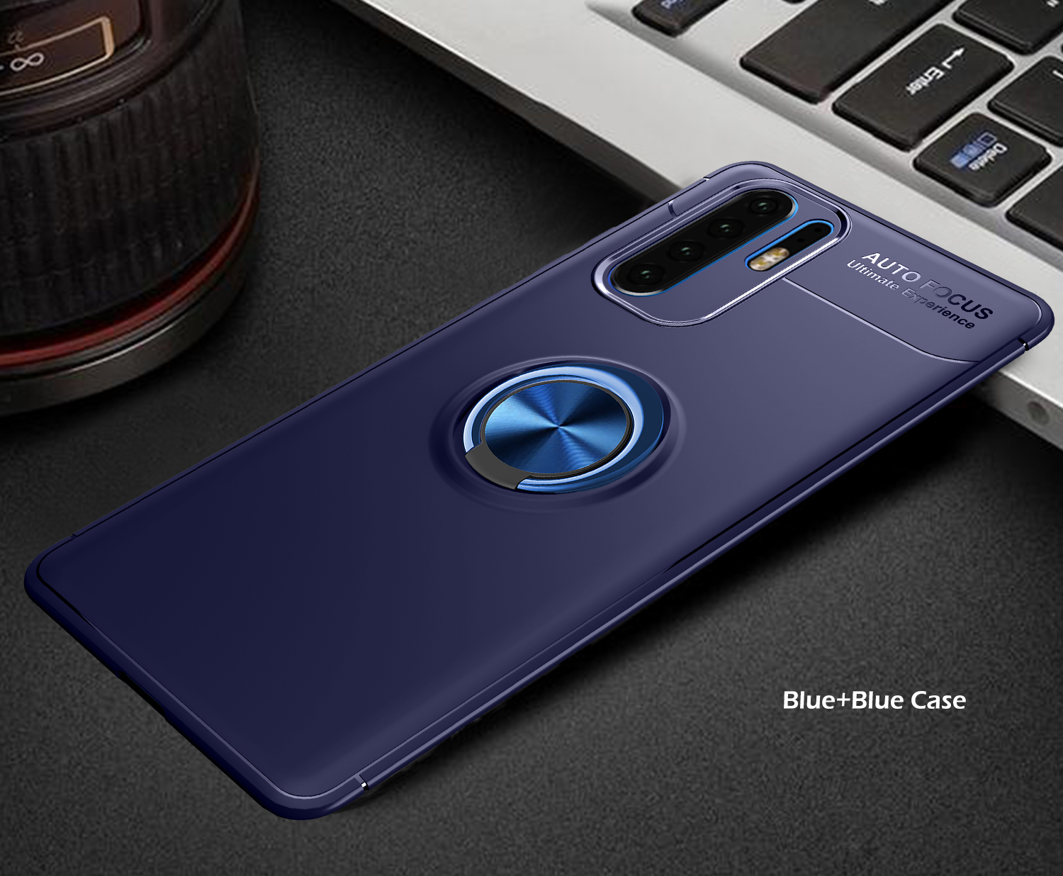 Custodia TPU Del Cavalletto ad Anello Metallico Lenuo Per Huawei P30 Pro Fogli in Metallo Magnetico Incorporato - Nero / Blu