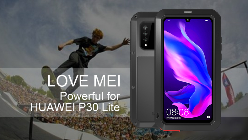 Love Mei Shockprouse Dropprosing Dust -presy Metal + Silicone + Reded Glass Case Для Huawei P30 Lite New Edition/P30 Lite/nova 4e - Черный