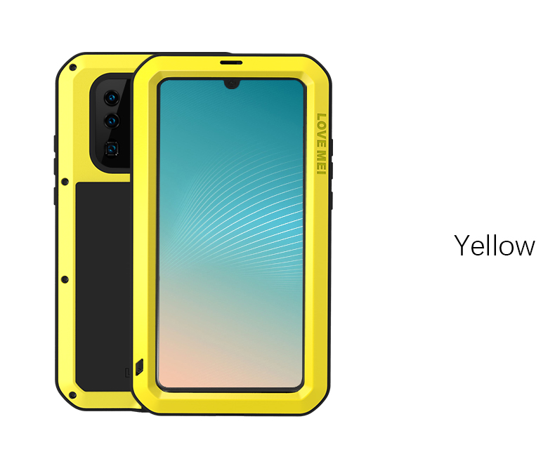 Love Mei Mei Caso à Prova de pó à Prova de Choque Para Huawei P30 Pro Metal + Silicone + Tampa de Telefone de Vidro Temperado - Amarelo