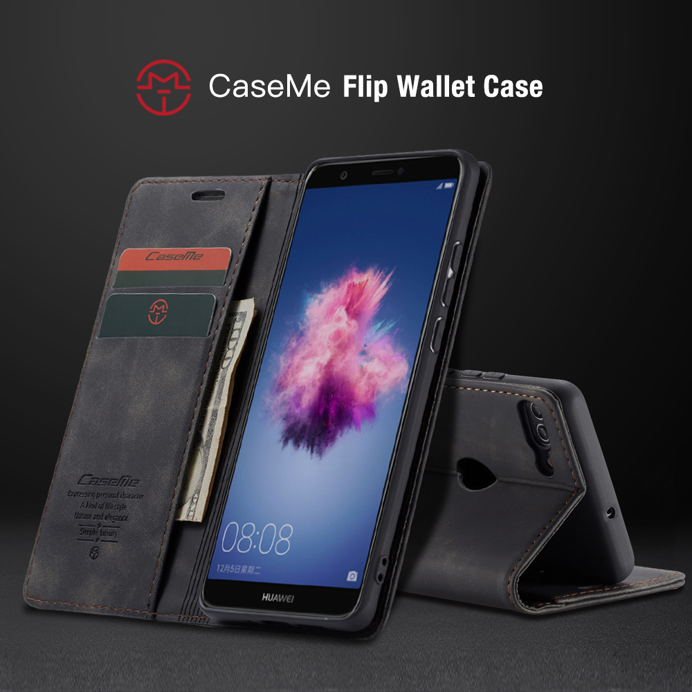 Serie Caseme 013 Custodia Per Portafogli in Pelle PU Auto-assorbed Per Huawei P Smart (2017) / Goditi 7s - Nero