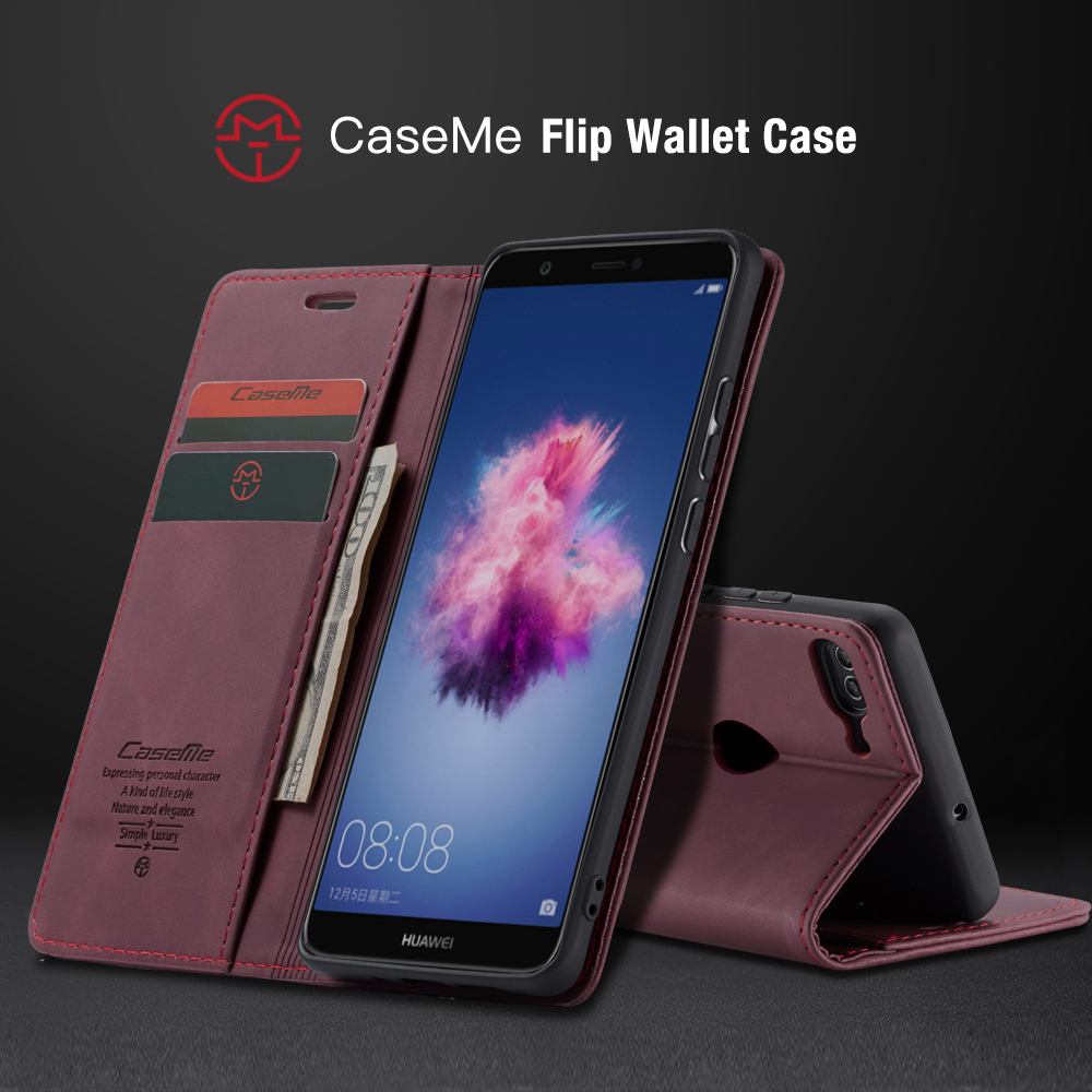 Caseme 013 Serie Auto-absorbiertes Pu-leder-brieftaschenstand Hülle Für Huawei P Smart (2017) / Genieße 7s - Rot