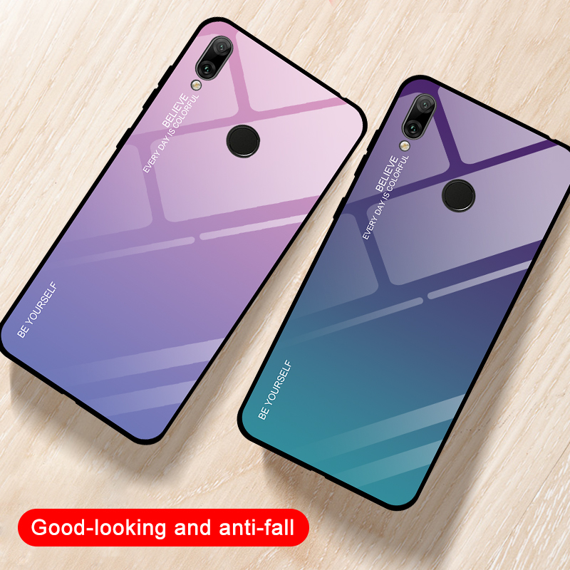 Couleur de Gradient Verre + PC + Étui Hybride TPU Pour Huawei Y7 (2019) - Bleu / le Noir