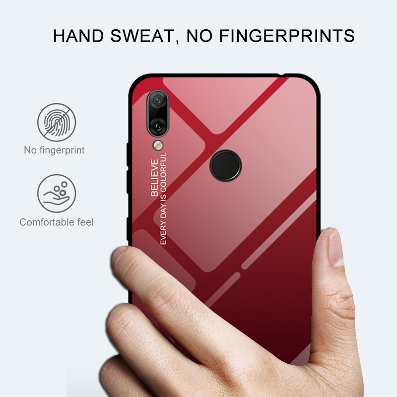 Gradientenfarbe Glas + PC + TPU Hybrid -hülle Für Huawei Y7 (2019) - Blau / Schwarz