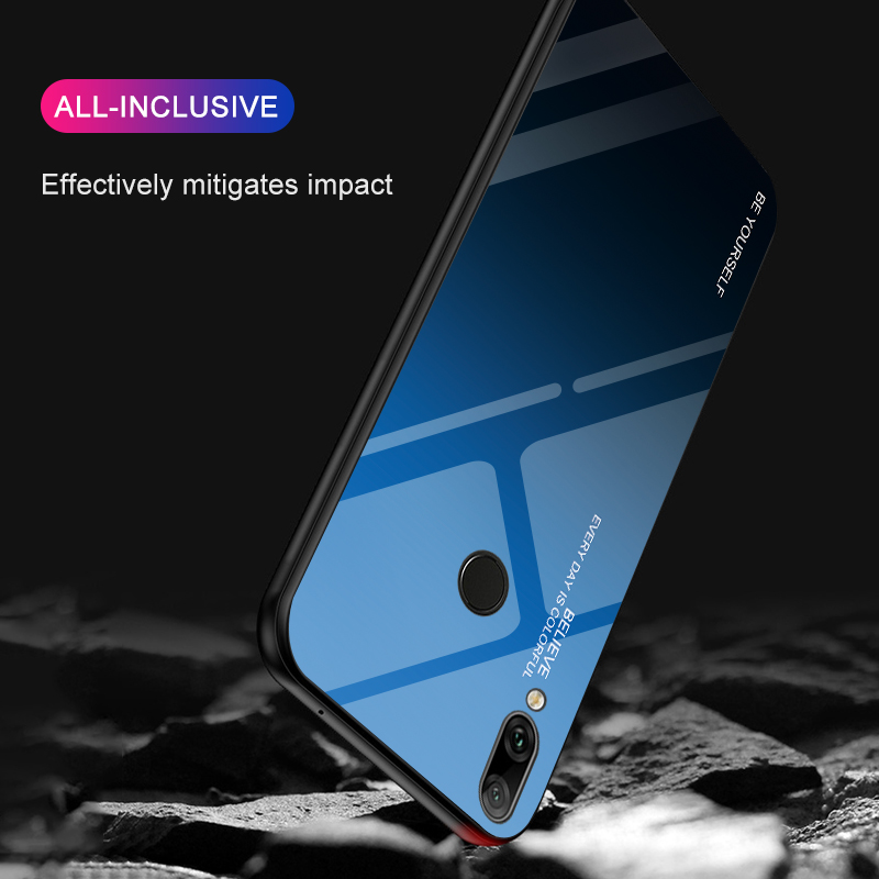 Gradiente Color Glass + PC + TPU Hybrid Case Para Huawei Y7 (2019) - Azul / Negro