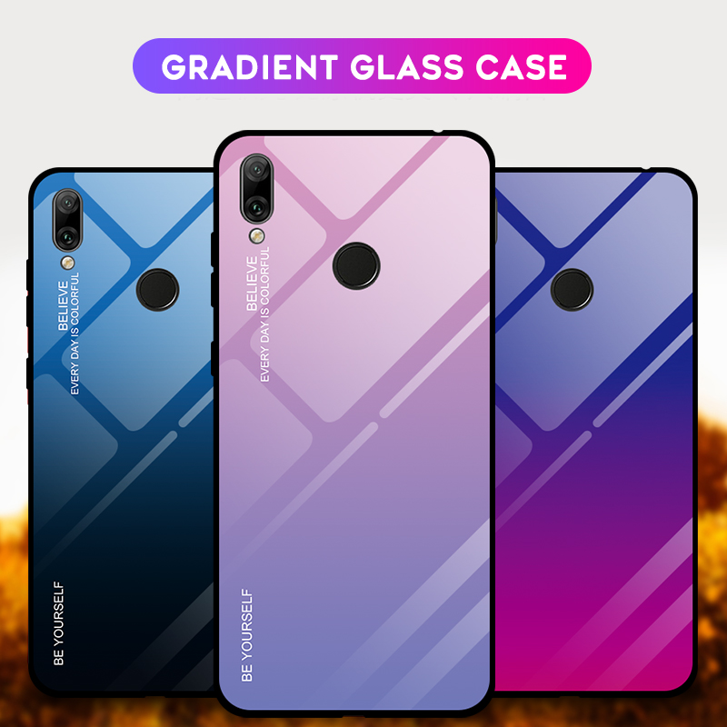 Gradientenfarbe Glas + PC + TPU Hybrid -hülle Für Huawei Y7 (2019) - Blau / Schwarz