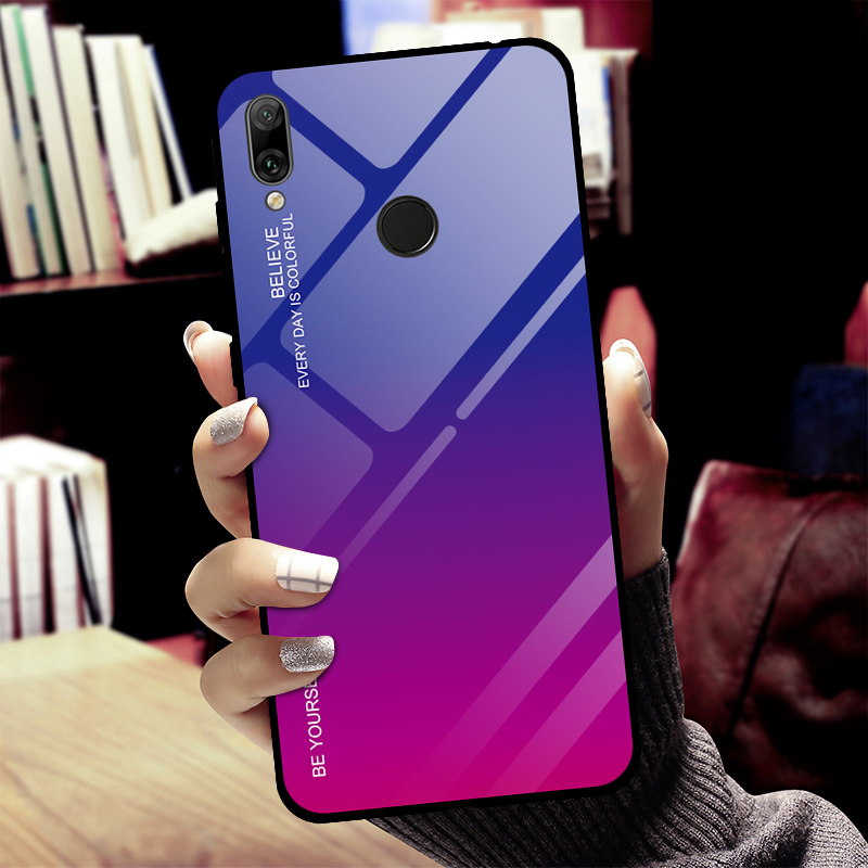 Couleur de Gradient Verre + PC + Étui Hybride TPU Pour Huawei Y7 (2019) - Bleu / le Noir