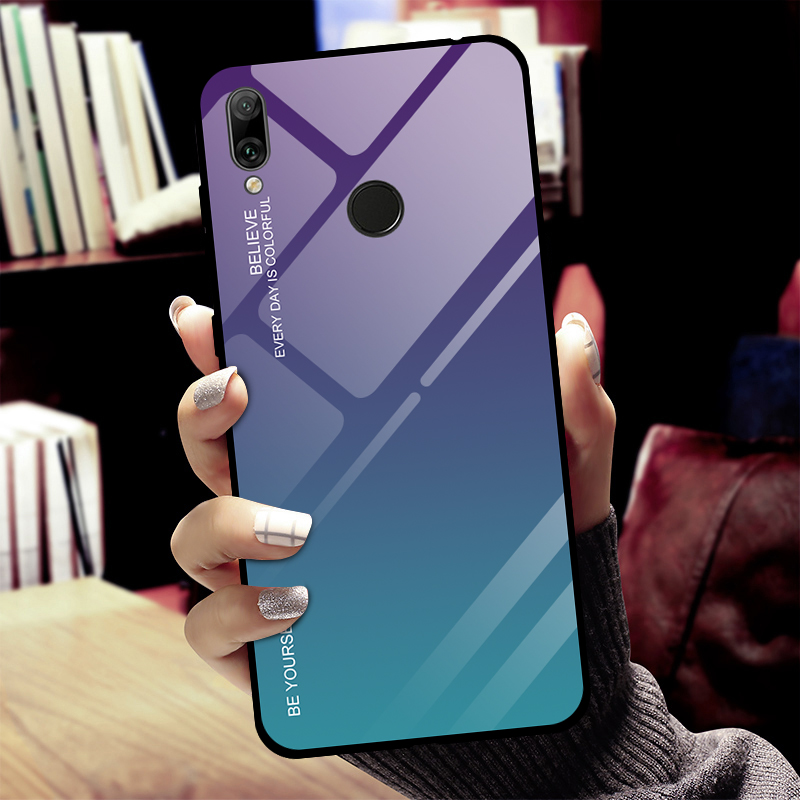 Couleur de Gradient Verre + PC + Étui Hybride TPU Pour Huawei Y7 (2019) - Bleu / le Noir