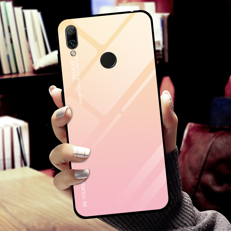 Gradiente Color Glass + PC + TPU Caso Híbrido Para Huawei Y7 (2019) - Ouro / Rosa