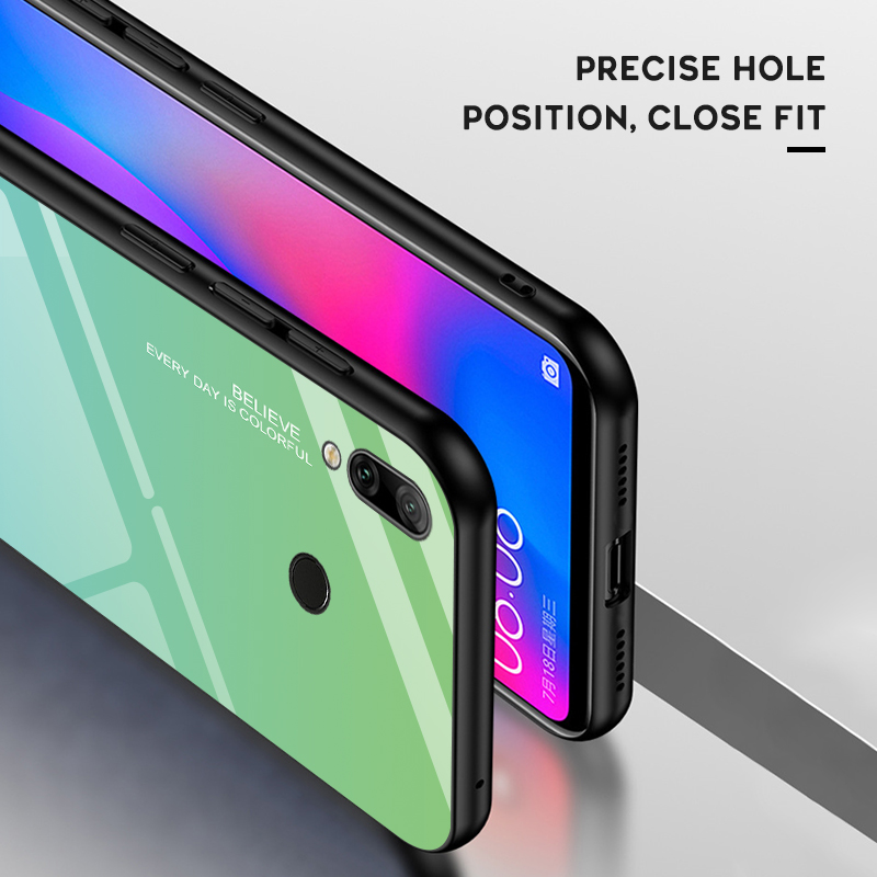 Couleur de Gradient Verre + PC + Étui Hybride TPU Pour Huawei Y7 (2019) - Bleu / le Noir