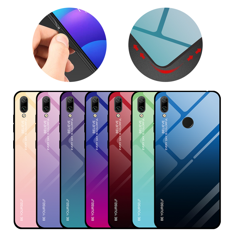 Couleur de Gradient Verre + PC + Étui Hybride TPU Pour Huawei Y7 (2019) - Bleu / le Noir