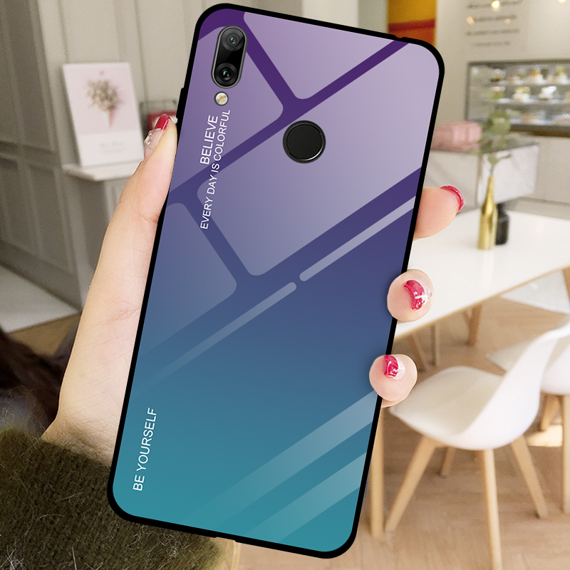 Couleur de Gradient Verre + PC + Étui Hybride TPU Pour Huawei Y7 (2019) - Bleu / le Noir