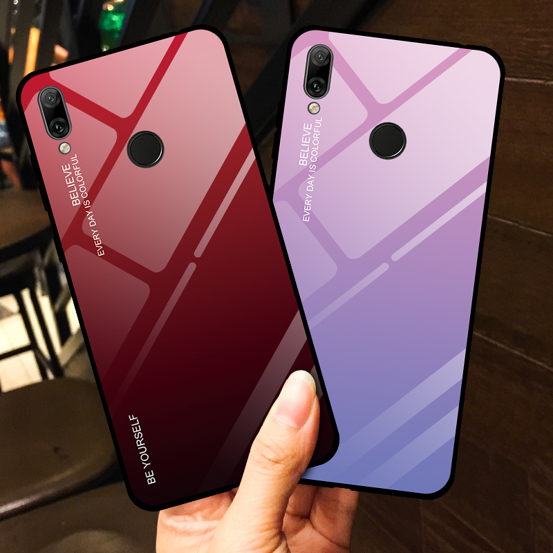 Couleur de Gradient Verre + PC + Étui Hybride TPU Pour Huawei Y7 (2019) - Bleu / le Noir