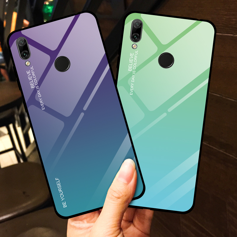 Couleur de Gradient Verre + PC + Étui Hybride TPU Pour Huawei Y7 (2019) - Bleu / le Noir