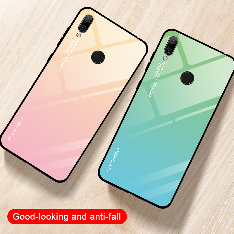 Couleur de Gradient Verre + PC + Étui Hybride TPU Pour Huawei Y7 (2019) - or / Rose