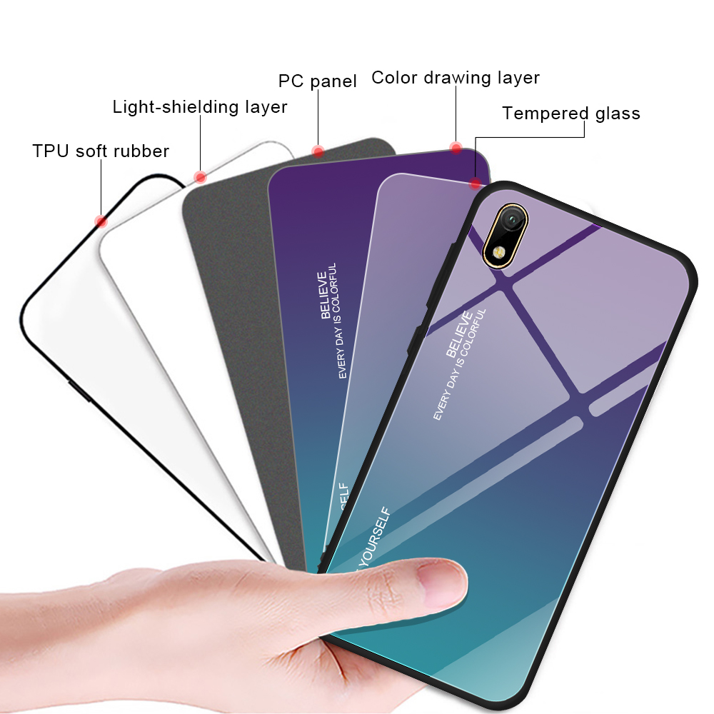 Gradiente Color Glass + TPU Hybrid Case Para Huawei Y5 (2019) / Huawei Honor 8s - Ouro / Rosa