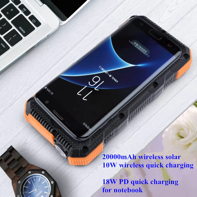 20000mAh Solar Power Bank Wireless Ladegerät Dual USB + Typ-C 18W PD Fast Lading Mobile Power Mit LED-Taschenlampe (nicht Unterstützt FOD-Funktion) - Schwarz