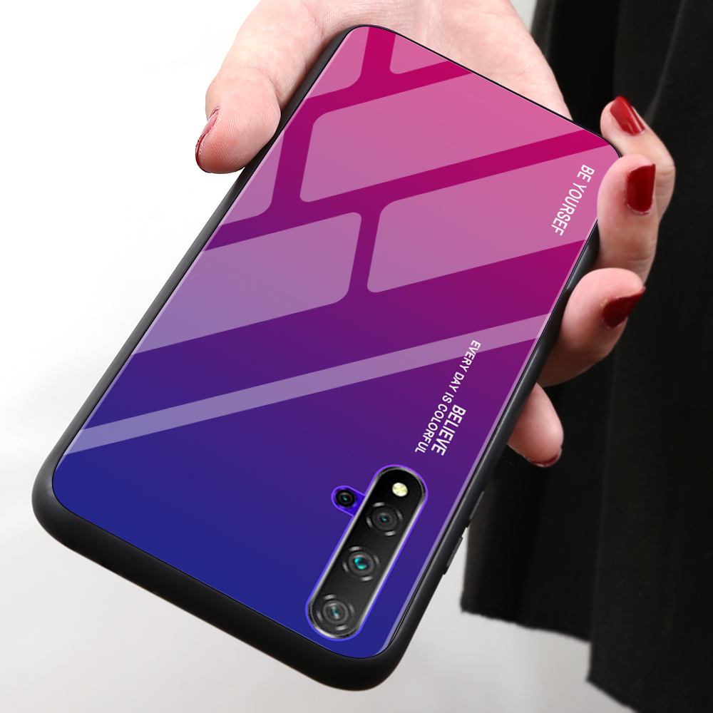 Couleur de Gradient Verre + TPU Hybrid Case Pour Huawei Honor 20 / Honneur 20 - Rouge / le Noir