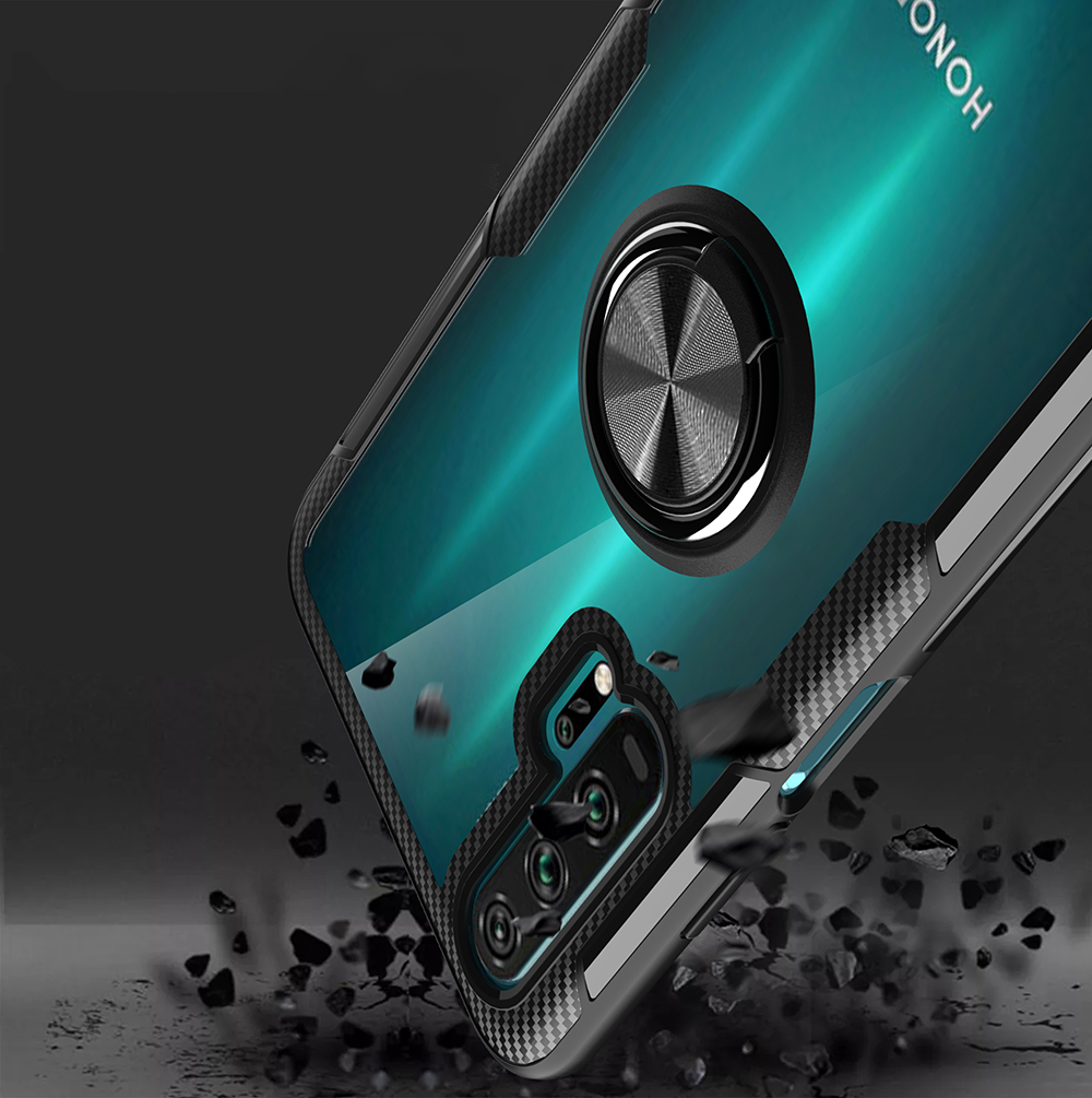 Cavalletto Anello Dito TPU + PC + Involucro Del Telefono In Metallo [foglio Di Metallo Magnetico Integrato] Per Huawei Honor 20 Pro - Tutto Nero