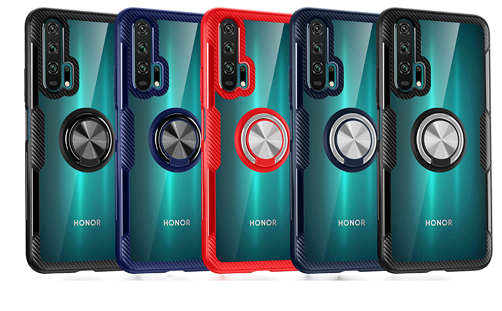 Cavalletto Anello Dito TPU + PC + Involucro Del Telefono In Metallo [foglio Di Metallo Magnetico Integrato] Per Huawei Honor 20 Pro - Tutto Nero