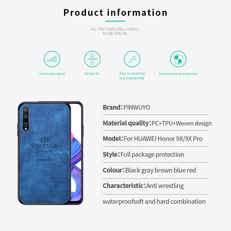 Pinwuyo Honorable Series PC + TPU + Sobre en Cuir Pour Huawei Y9s / Honor 9x Pro (chine) / Honor 9x (pour Chine) / p Smart Pro (2019) - Bleu