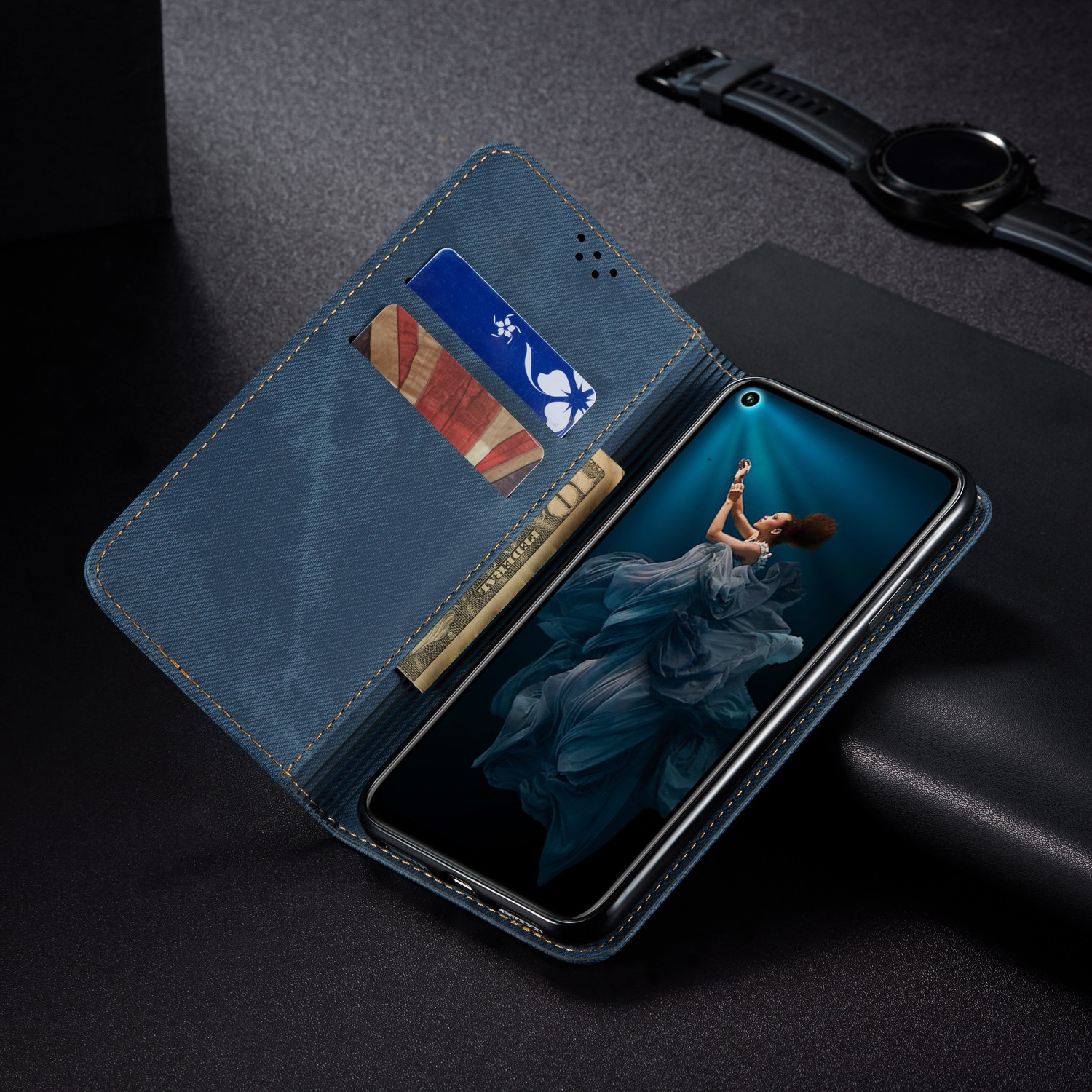 Case de Billetera de Cuero de Tela de Jeans de Estilo Retro Para Huawei Honor 20 / Nova 5T - Azul