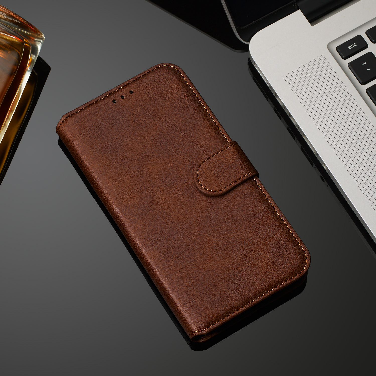 Classic Wallet Leather Stand Phone Protetive Cover Para Huawei Y6 (2019, Com Sensor De Impressão Digital) / Honra 8a - Castanho