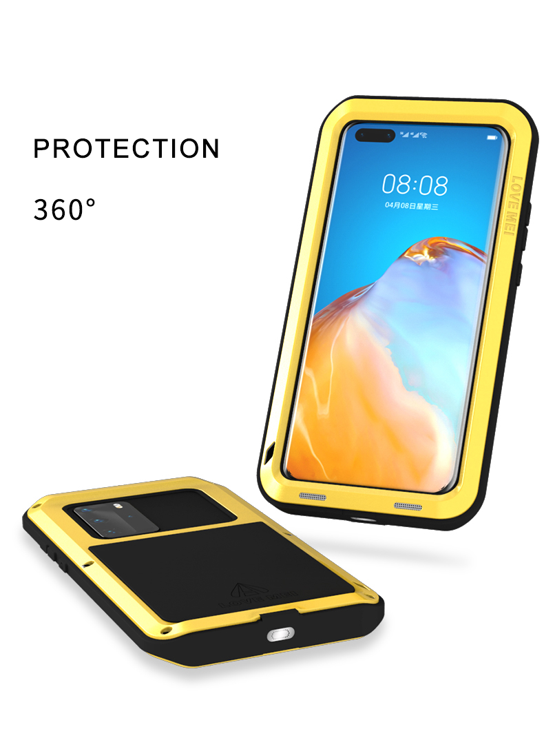 Love Mei Shockproof Silicone+Metal Cell Phone Case Para Huawei P40 Pro - Preto