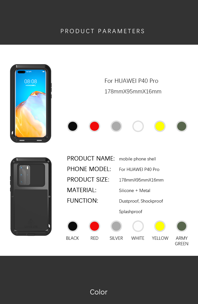 Love Mei Shock -resean Silicone+металлический Сотовой Телефон Для Huawei P40 Pro - Черный